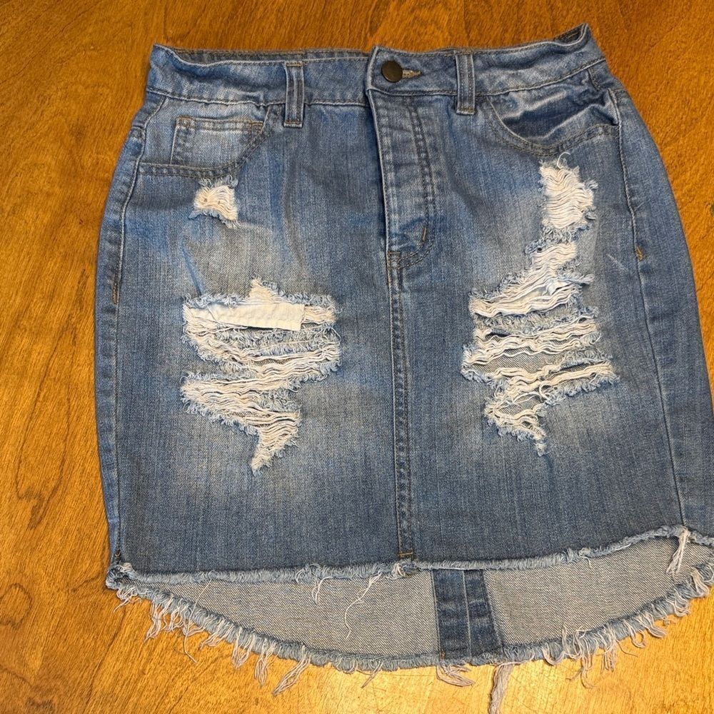 Forever 21 Blue Jean Distressed Pencil Skirt